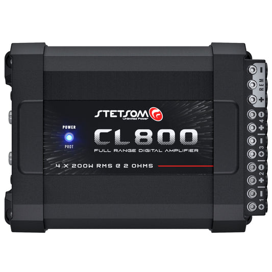 STETSOM CL 800.4 2 Ohm Car Audio Amplifier – 800 Watts RMS, 4 Channel Class D Full Range Amp, Compact Multichannel Stereo Amplifier with RCA & High Level Input, HPF/LPF Crossover, Brazilian Technology