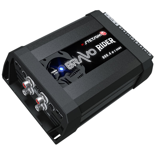 Stetsom Bravo Rider 800 2 Ohm Motorcycle Amplifier – 800 Watts RMS 4 Channel Compact Class D Audio Amp with Tiffany RCA Input, High Level Input, HPF/LPF Crossover for Motorcycles & Powersports